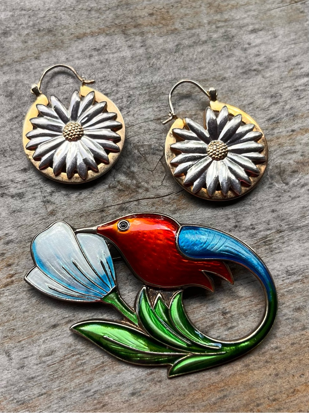 David-Andersen Norway Signed Sterling Guilloche Bird Pin & 925 Daisy Earrings